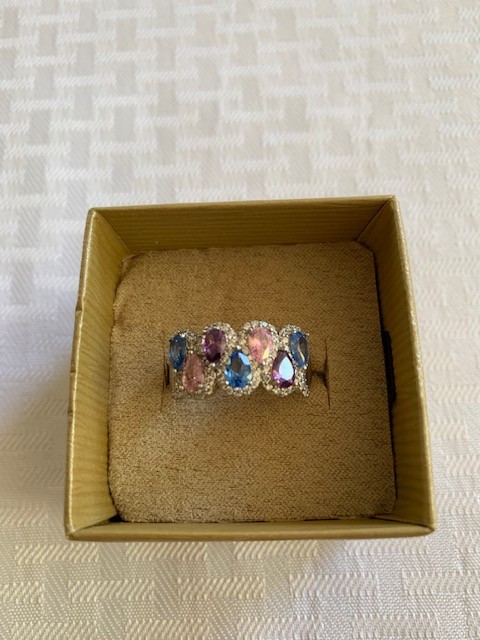 GORGEOUS Sz 11 JTV Ring Multicolor Cubic Zirconia Gemstone purple, blue, peachy