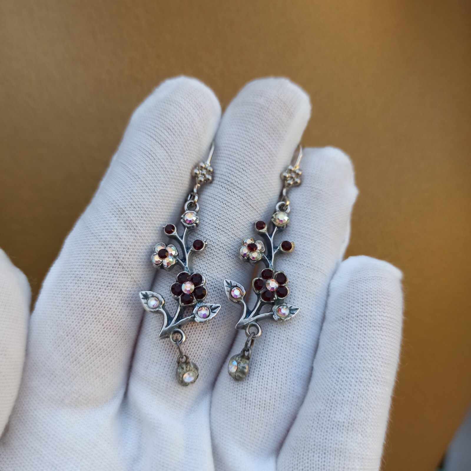 Michal Negrin Earrings Silver Aurora Borealis Red Crystals Long Flower Branch