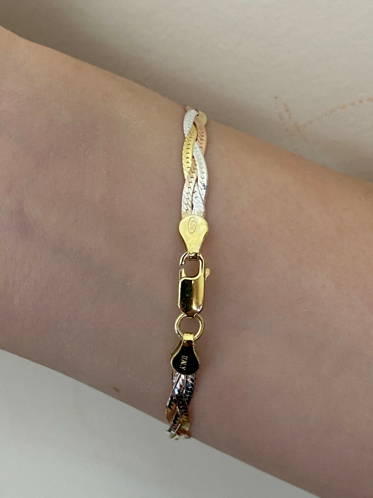 Solid 925 Silver Tri Color Yellow Rose Gold Plated Twisted Braided Herringbone