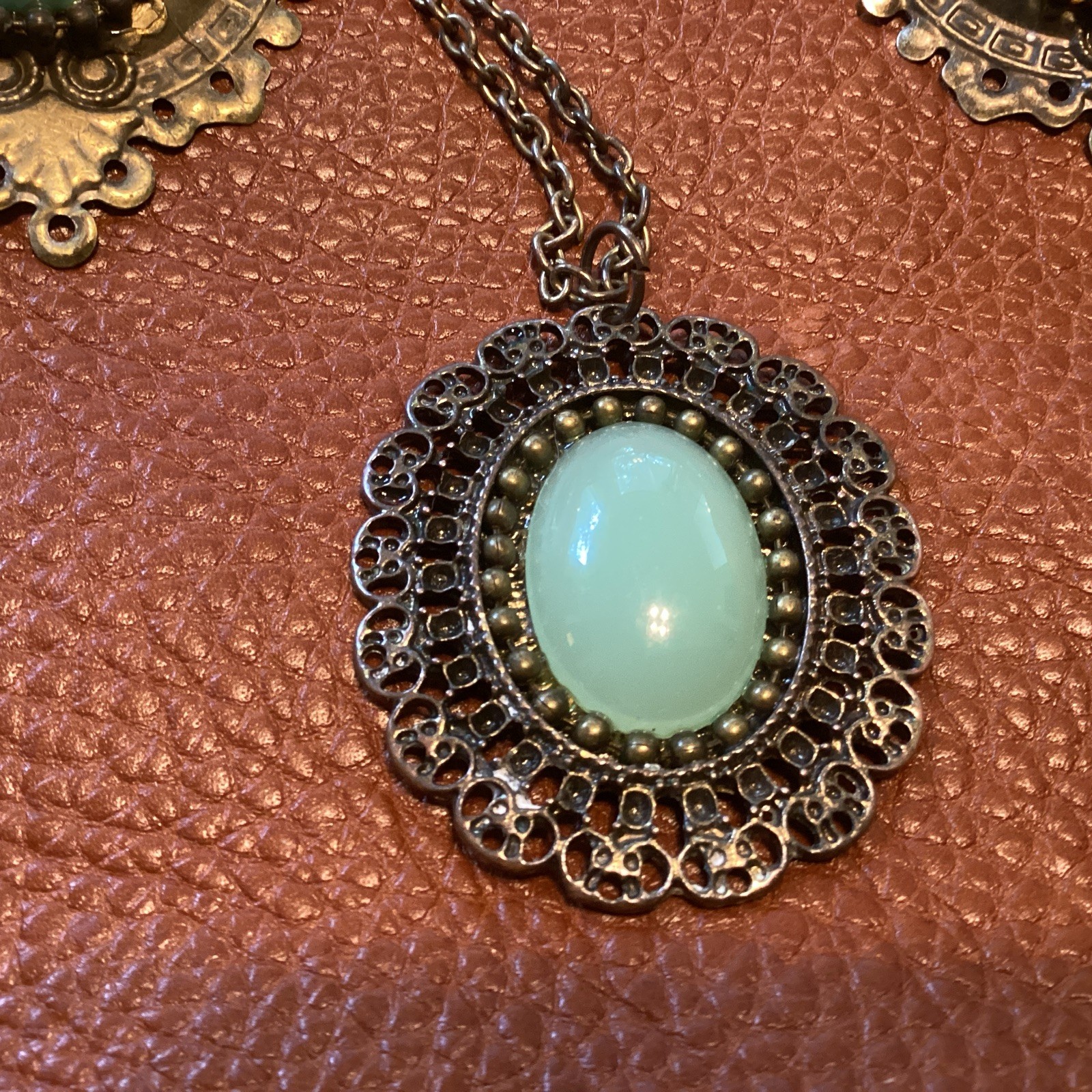 Faux Jadeite Earrings & Necklace Boho Flapper Victorian Style