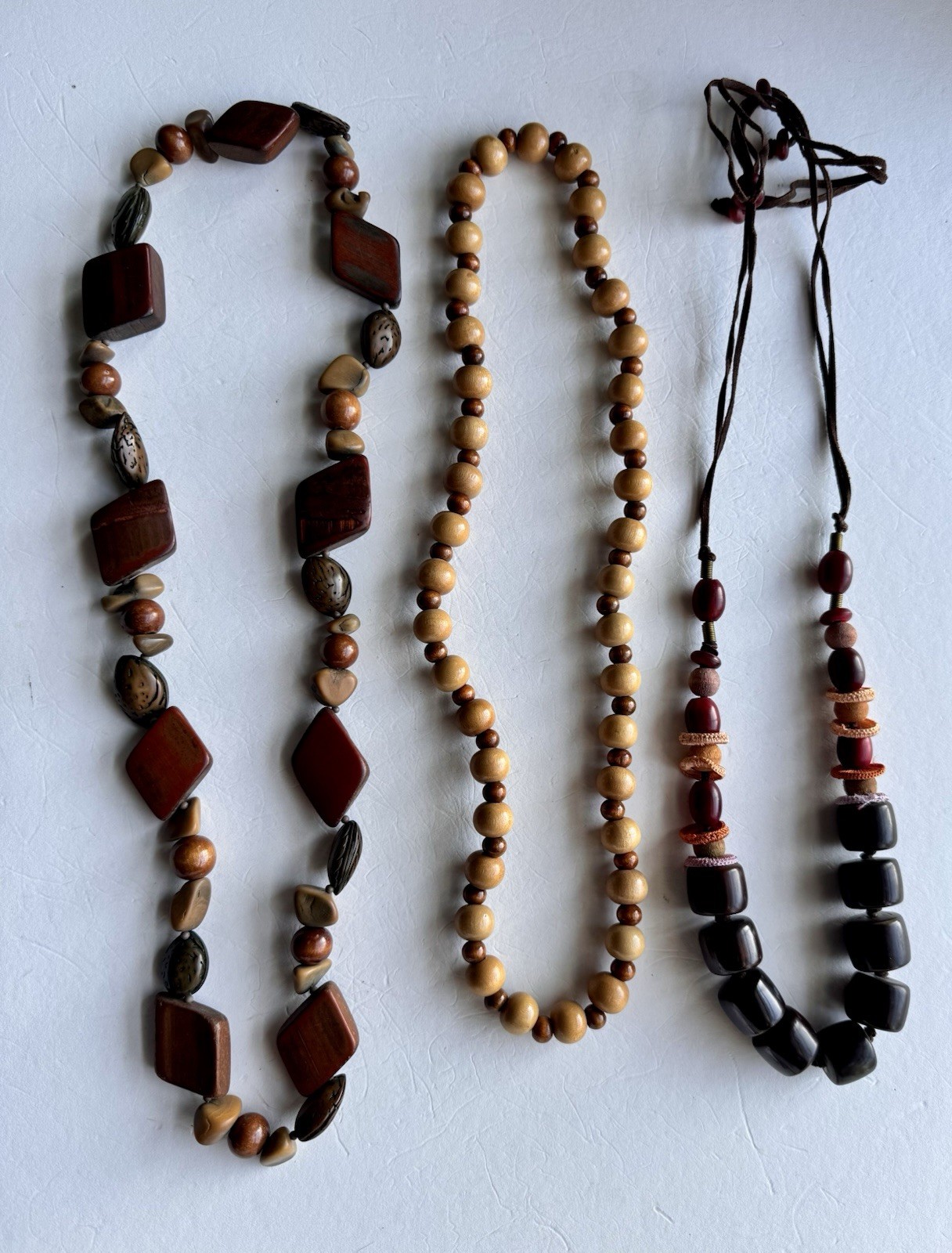 Lot of 3 Boho Necklaces Large Earth Tone Wood Seed Beaded 1 adjustable Vintage