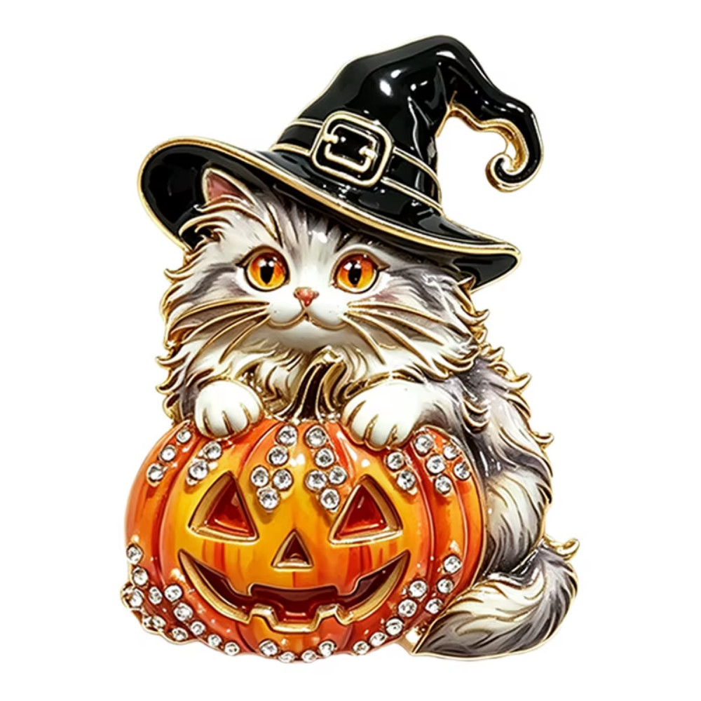 Vintage Halloween Witch Cat Pumpkin Brooch Pin Gold Crystal Rhinestone Jewelry G