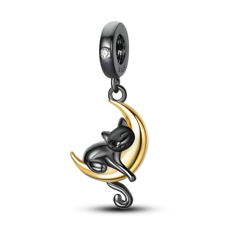 MULA European Silver Plated Charm CZ Enamel Black Cat Moon For Women Bracelet