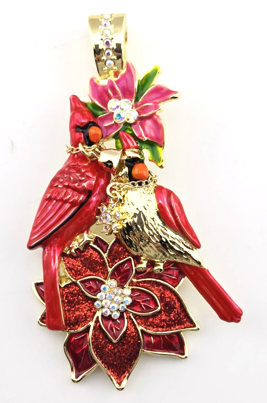 Kirks Folly Cardinal Poinsettia Foldover Pendant Goldtone Hand Enameled #35