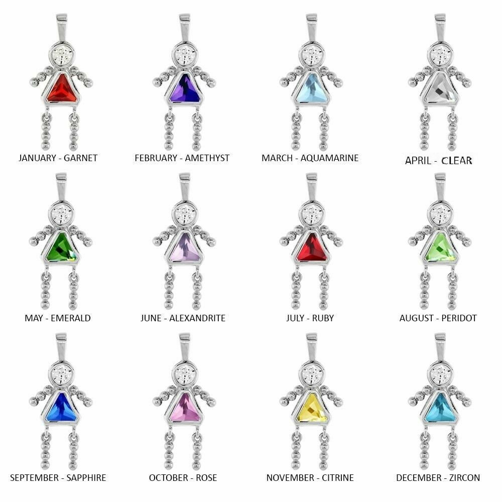 Sterling Silver Birthstone Baby Girl Pendant Charm Colored Cubic Zirconia Stone