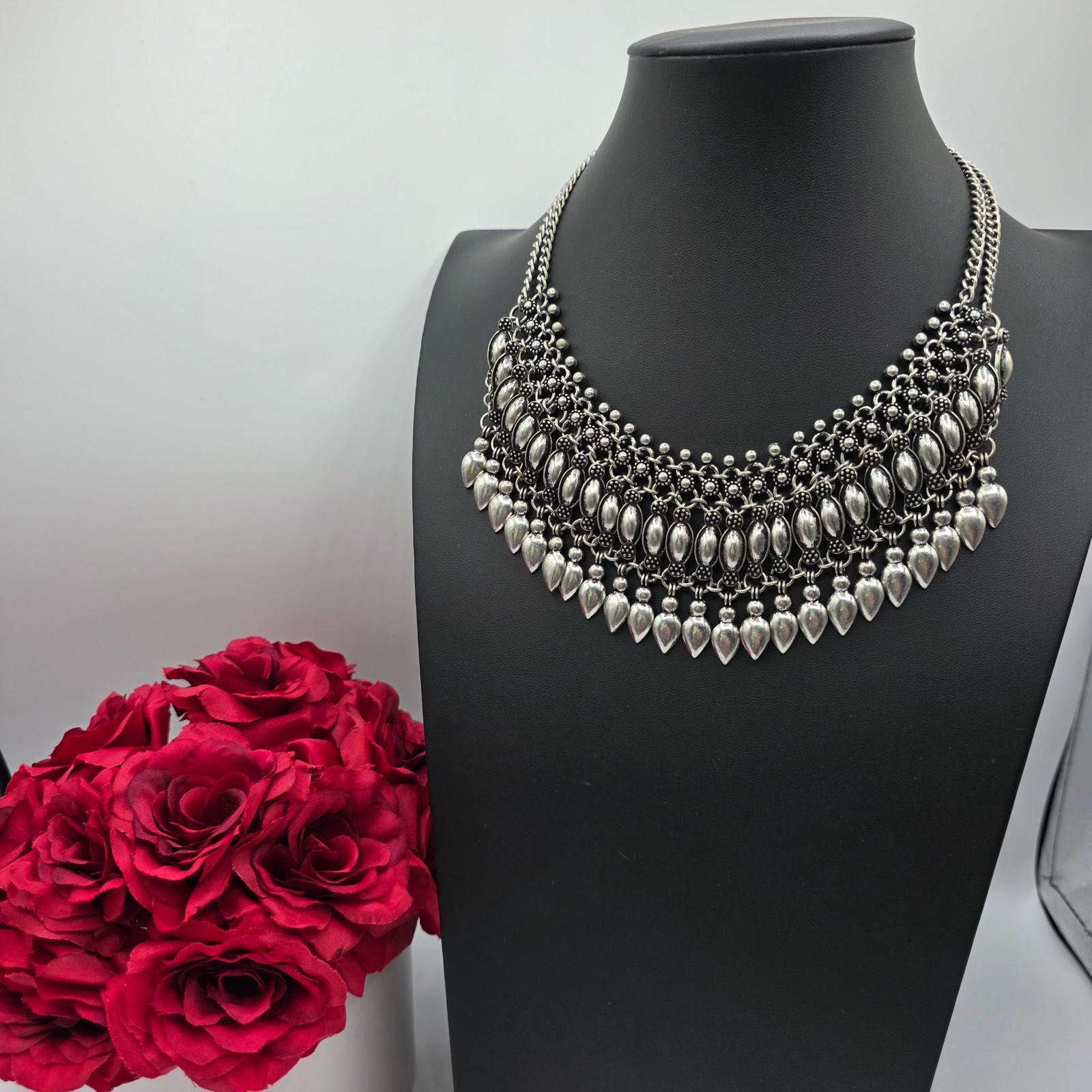 Statement Choker Necklace Oxidized Silver Boho Bib Pendant Festival Fairycore