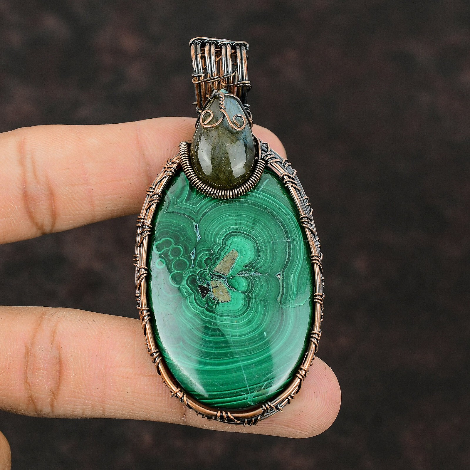 Gift For Her Russian Malachite Wire Wrapped Pendant Copper Jewelry 3.15″