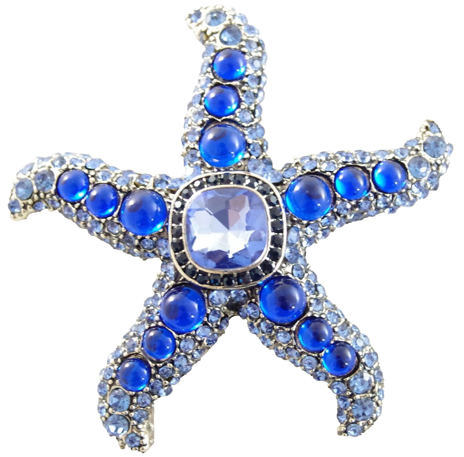 BIG UNSIGNED KENNETH JAY LANE INSPIRED BLUE RHINESTONE GLASS CAB STARFISH BROOCH