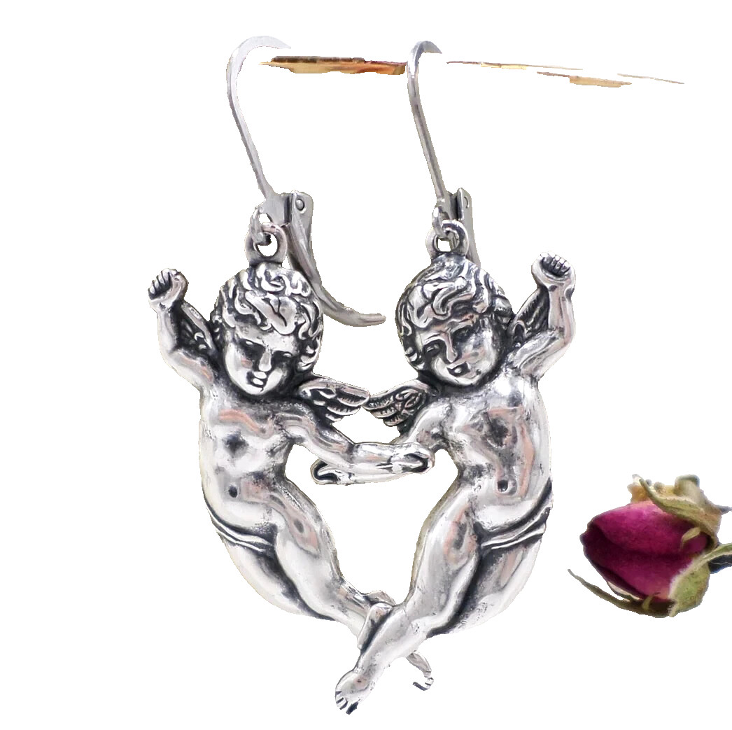 Sterling Silver Plated Cherub Cupid Dangle Earrings, Guardian Angel Jewelry