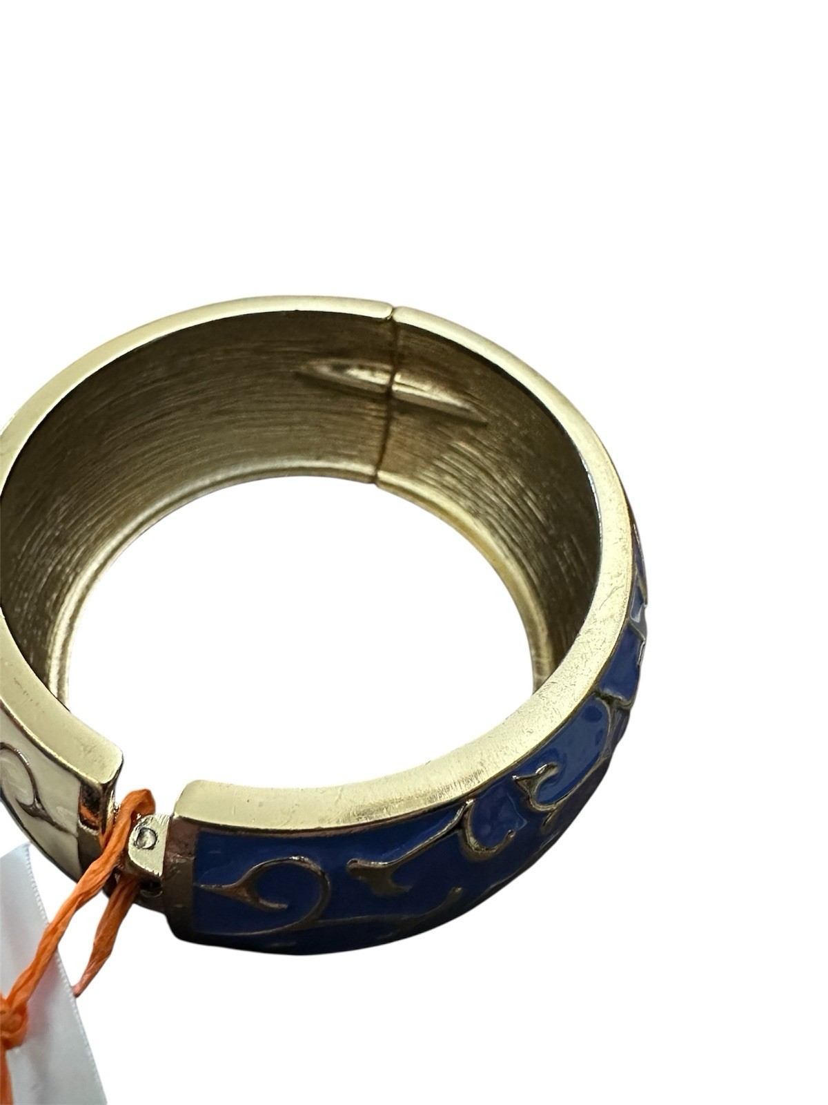Wide Half Blue And Ivory Enamel Gold Tone Swirl Design Cuff Bracelet