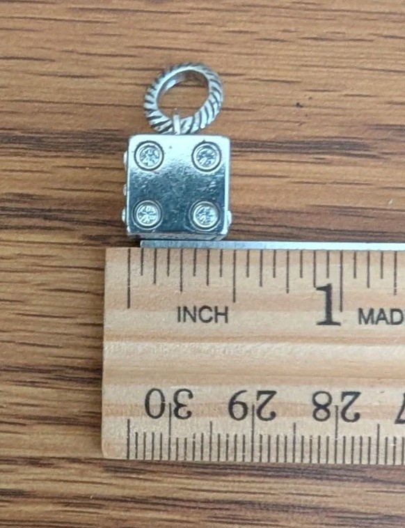 Silver Tone Lucky Dice Cube Charm Pendant Crystal Pips Twisted Cable Bail