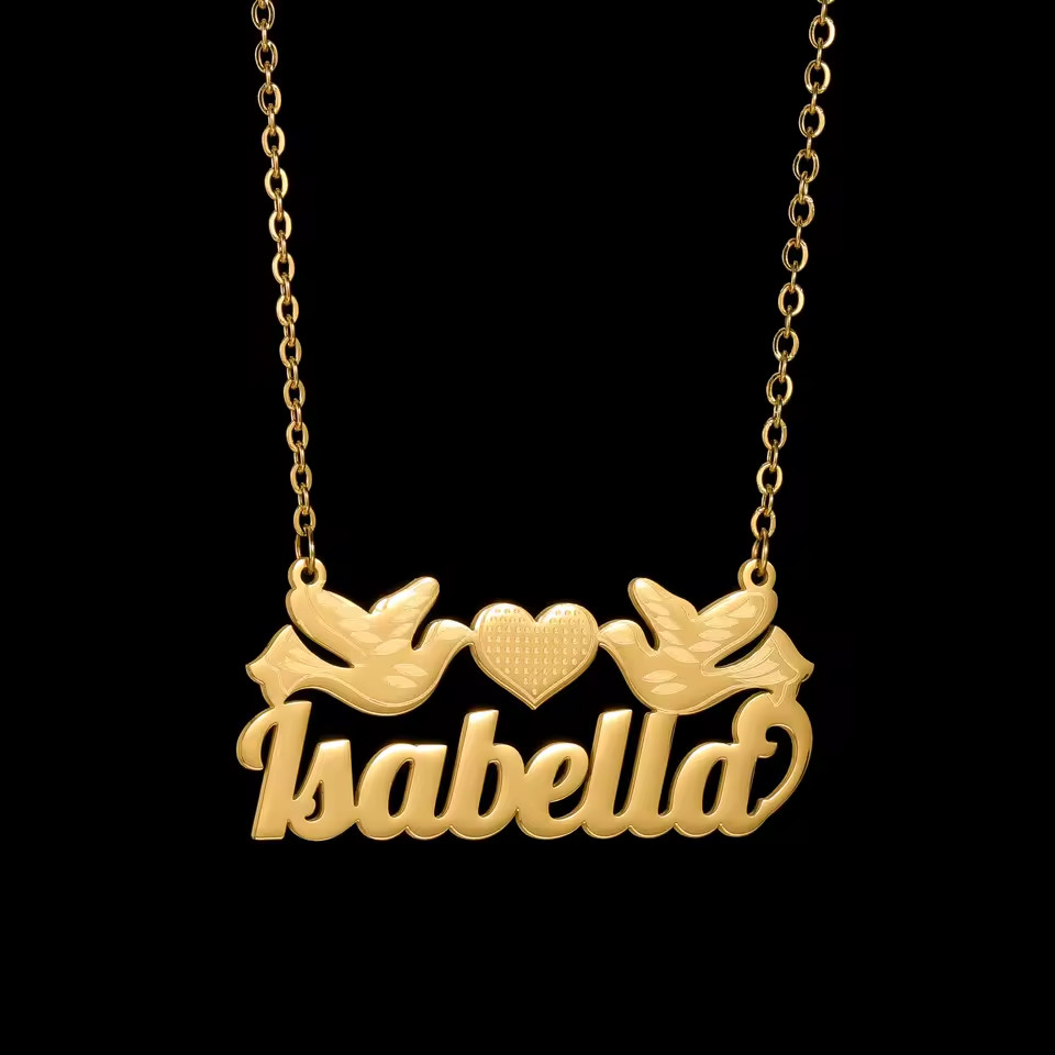 Custom Name Love Pendant Necklace Heart Birds Chain Silver Gold Anniversary Gift