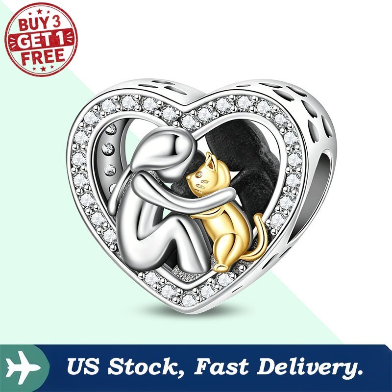 KUNSIR Heart Bead Sterling Silver Cat Charms for Bracelet DIY Pet Lover Gifts