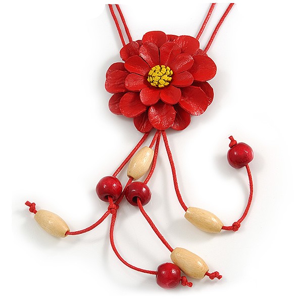 Red Leather Daisy Pendant with Long Cotton Cord – 80cm L/ 18cm L Pendant –