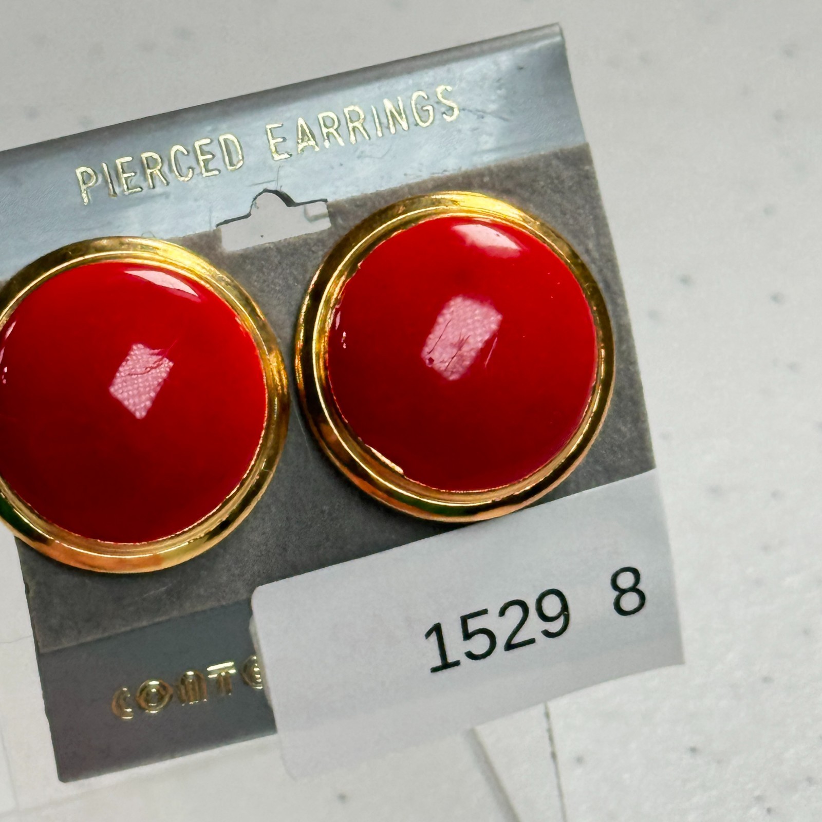 Vintage Pierced Earrings Red Enamel Dome Gold Tone 80s Statement Studs