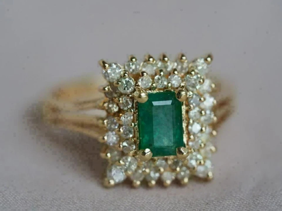 1.75Ct Green Emerald Diamond Cluster Engagement Ring 14K Yellow Gold Plated
