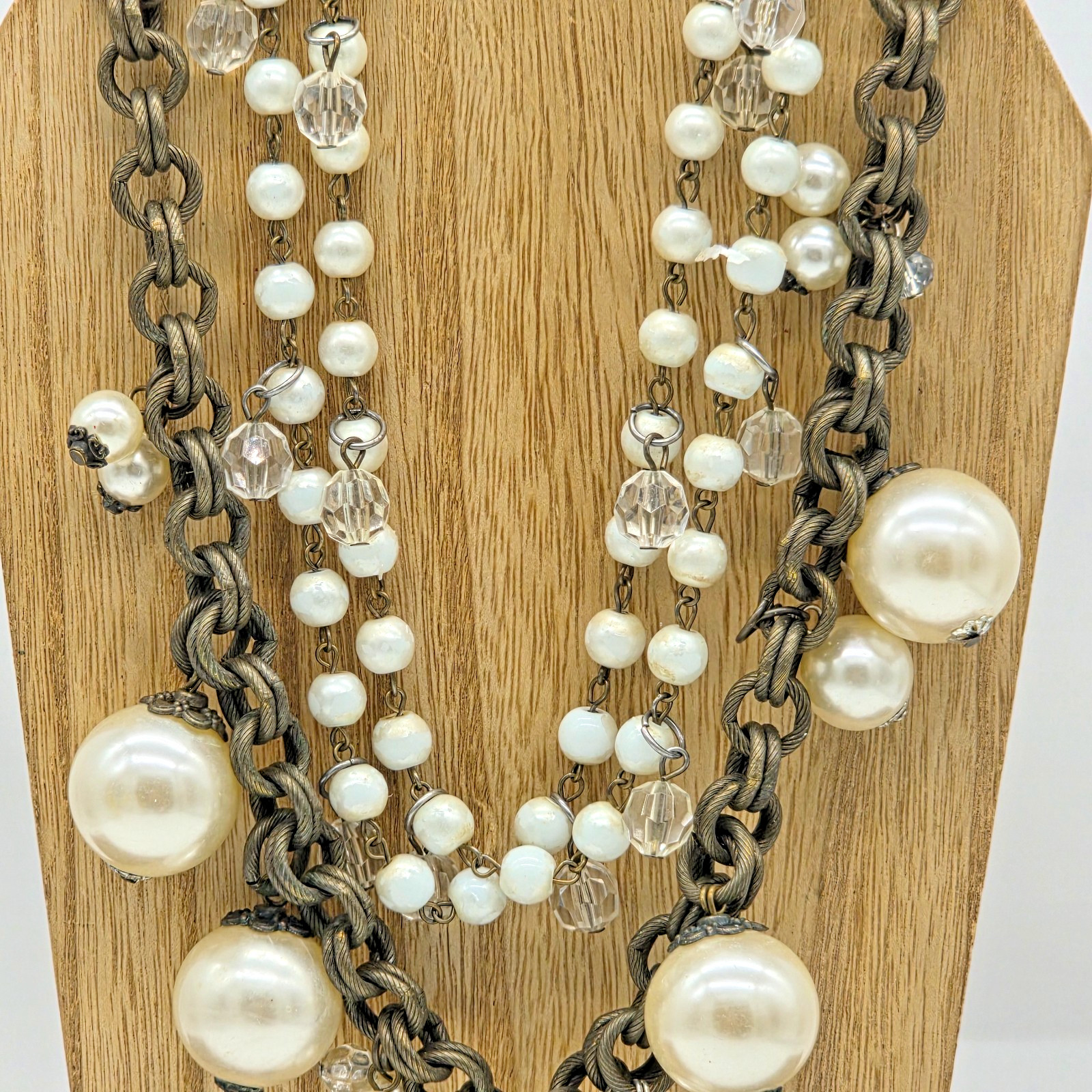Plunder OLIVIA Layered Bronze Pearl Crystal Necklace Double Rolo Chain 18”