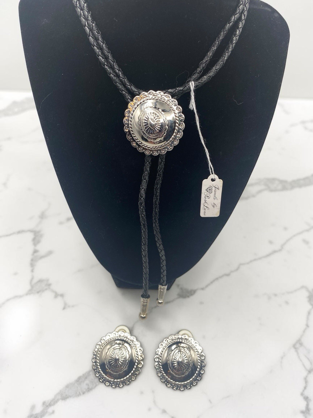 Vintage Park Lane Silver Tone Bolo Tie & Matching Earrings Western Concho Set