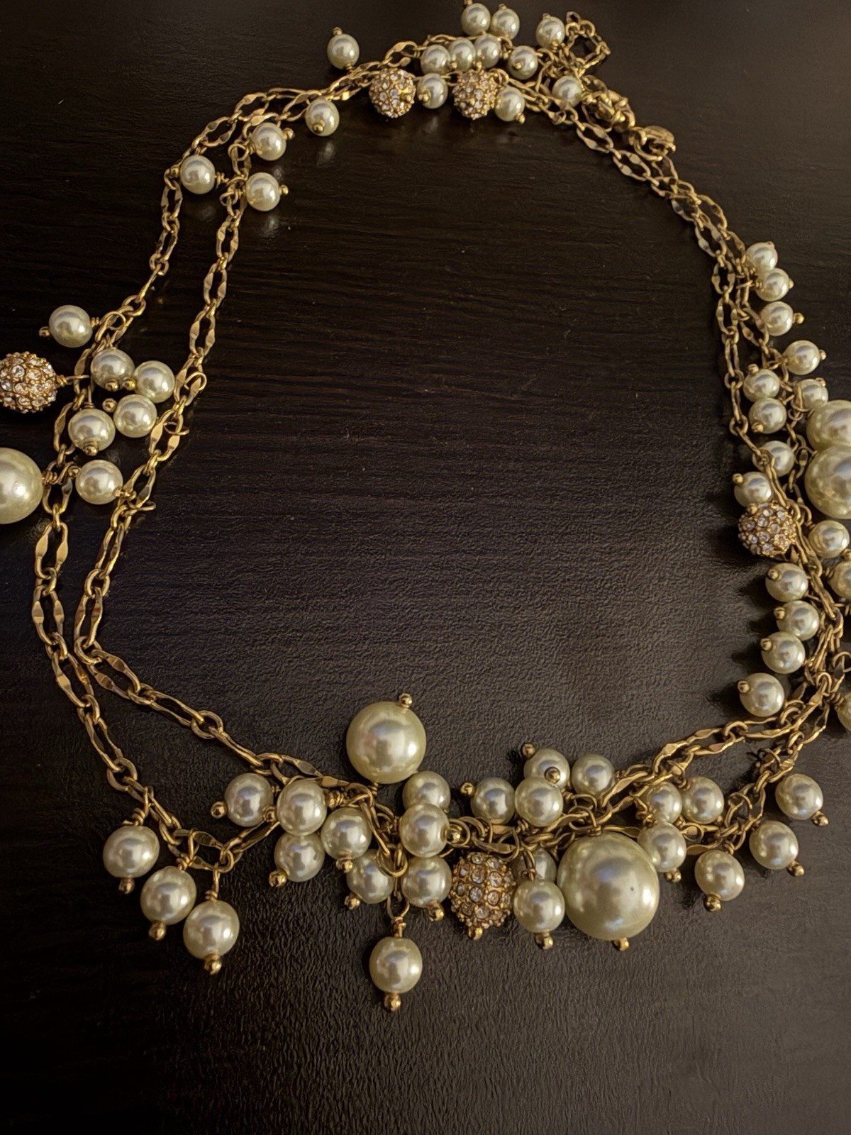 J Crew Gold Tone Multi Layered Necklace With Faux Pearls 38”