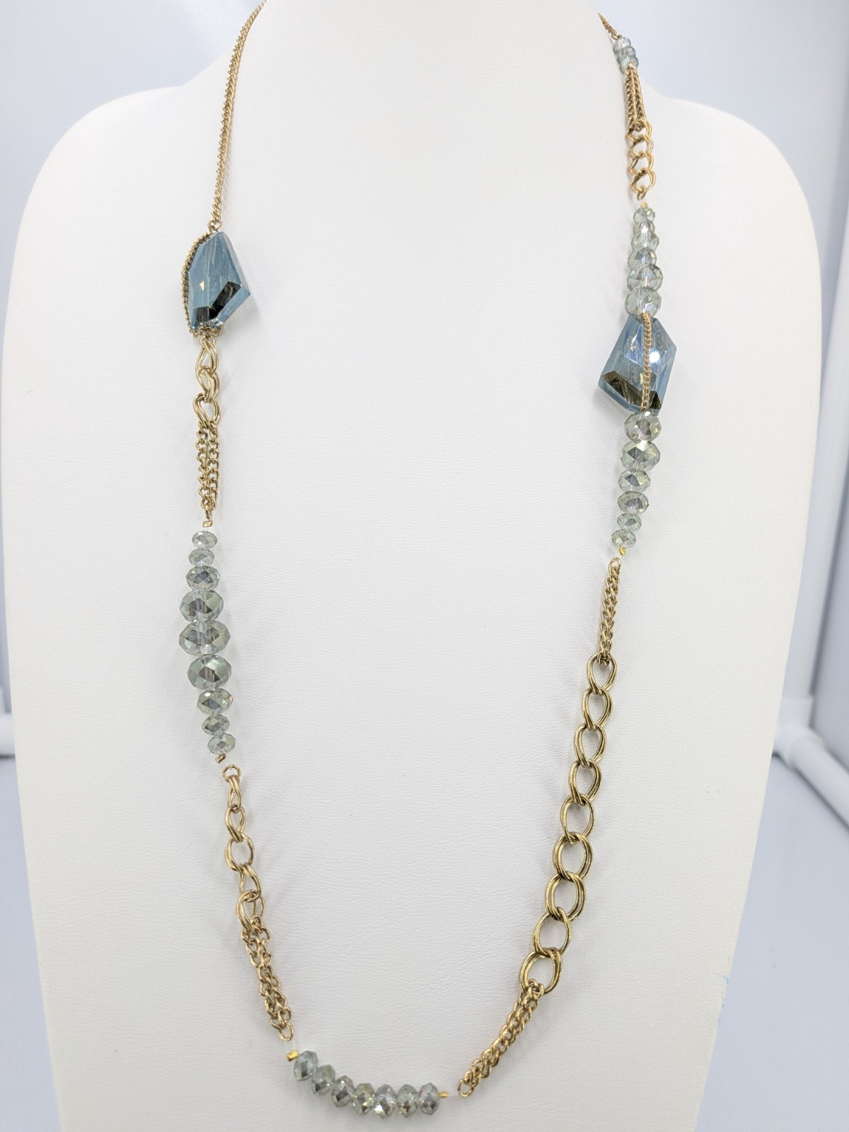 Unsigned Necklace Blue Gray Glass Beads Gold Plated Mixed Chain 35 in Long 40g