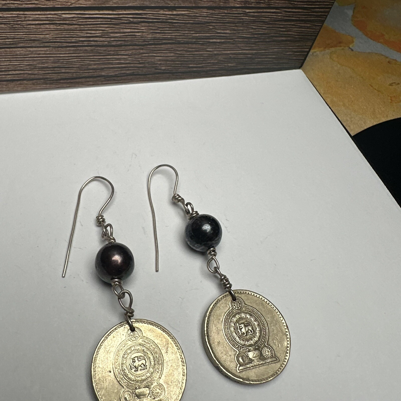 Sri Lanka 5 Rupees Coin Beaded Dangle Drop Pierced Earrings