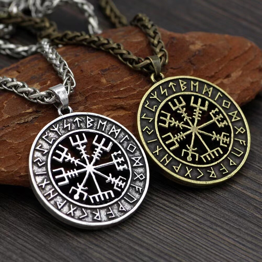 Mens Vintage Norse Viking Rune Vegvisir Compass Pendant Protection Necklace 24″
