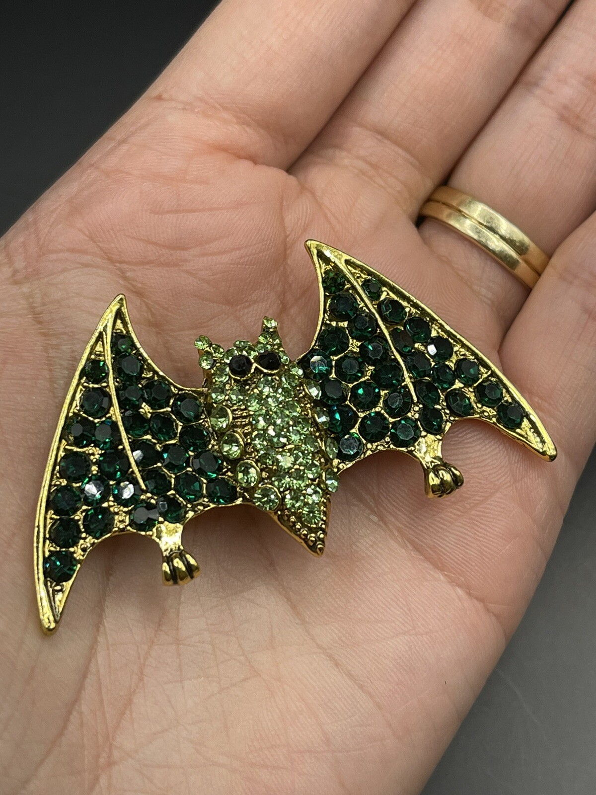 Gold Tone Flying Bat Green Rhinestone Brooch Pin