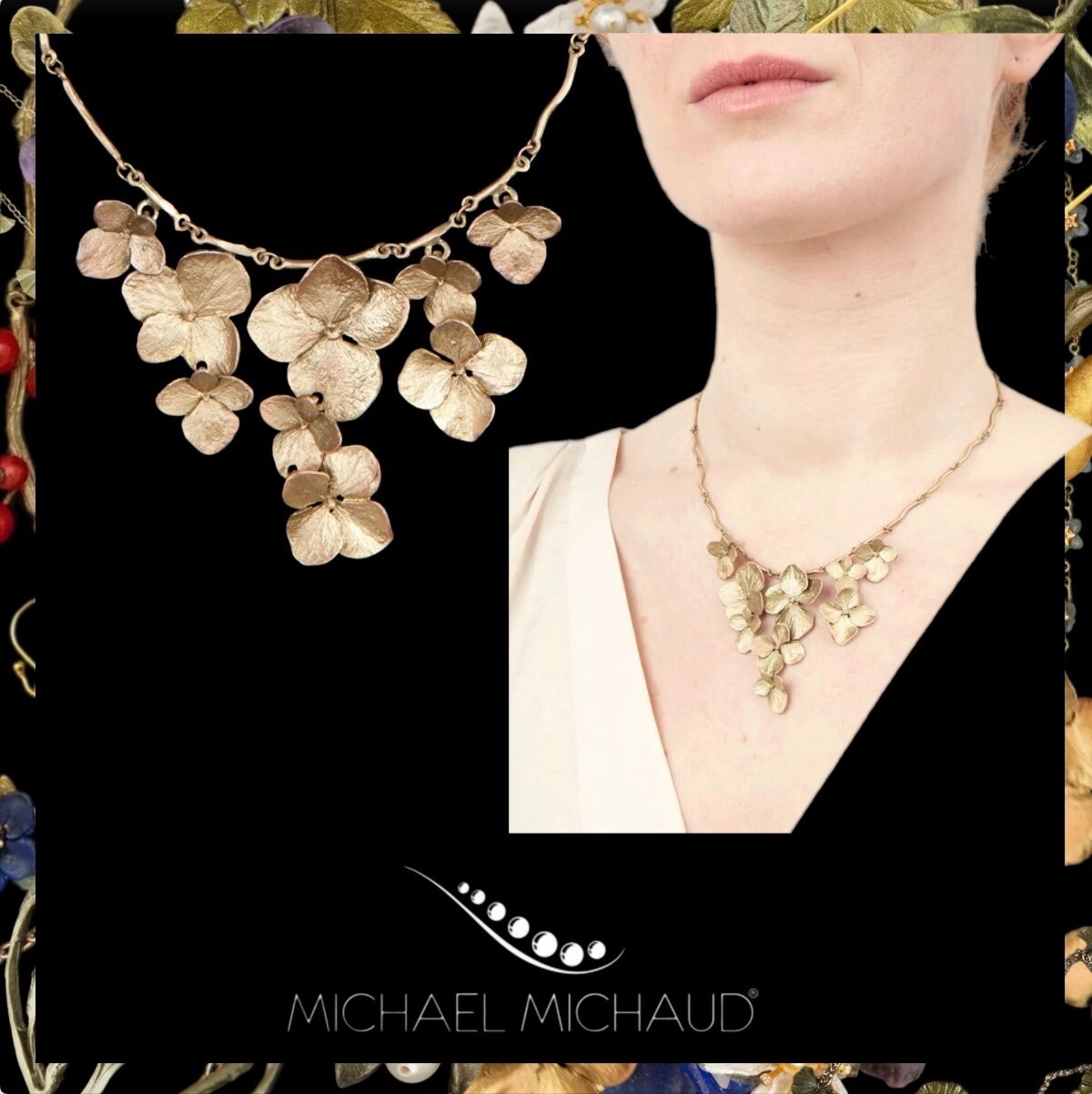 Michael Michaud Hydrangea Necklace Contour Handcast Botanical Jewelry Nature Gif