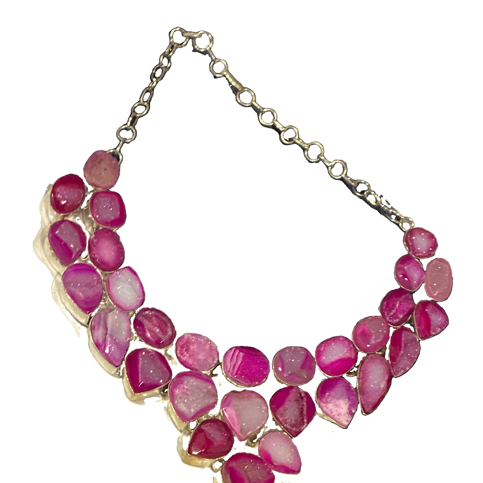 Pink Agate Statement Bib Beaded Necklace Silver Cable Chain Hook Adjustable