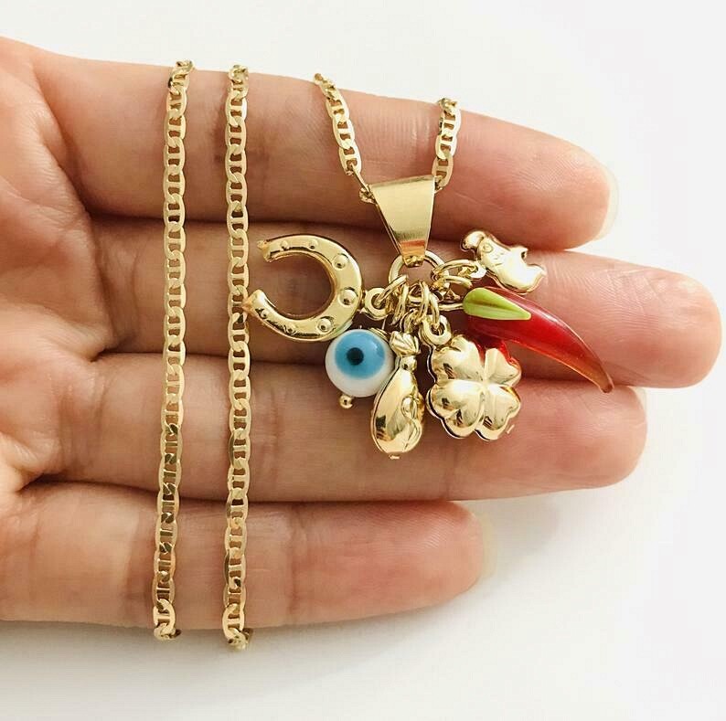 18K Gold Filled Charm Evil Eye, Elephant, Clover Necklace for good luck – P107