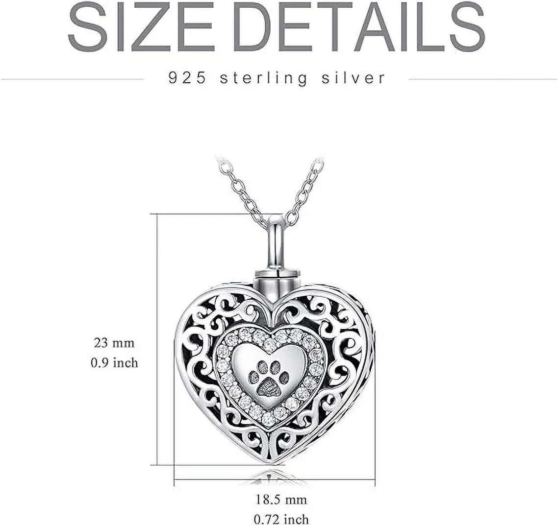 925 Sterling Silver Heart Urn Necklaces Engraved Pawprint Forever in My Heart Cr