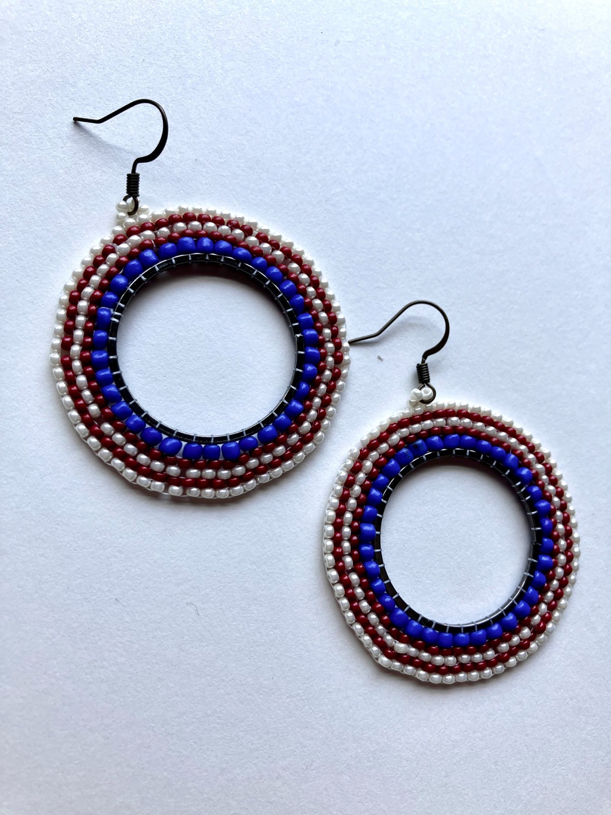 Red White and Blue Seed Bead Hoop Earrings