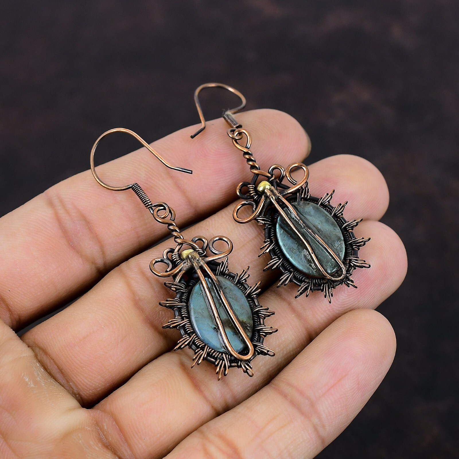 Labradorite Wire Wrapped Drop/Dangle Earrings Handcrafted Copper Ethnic 2.36″