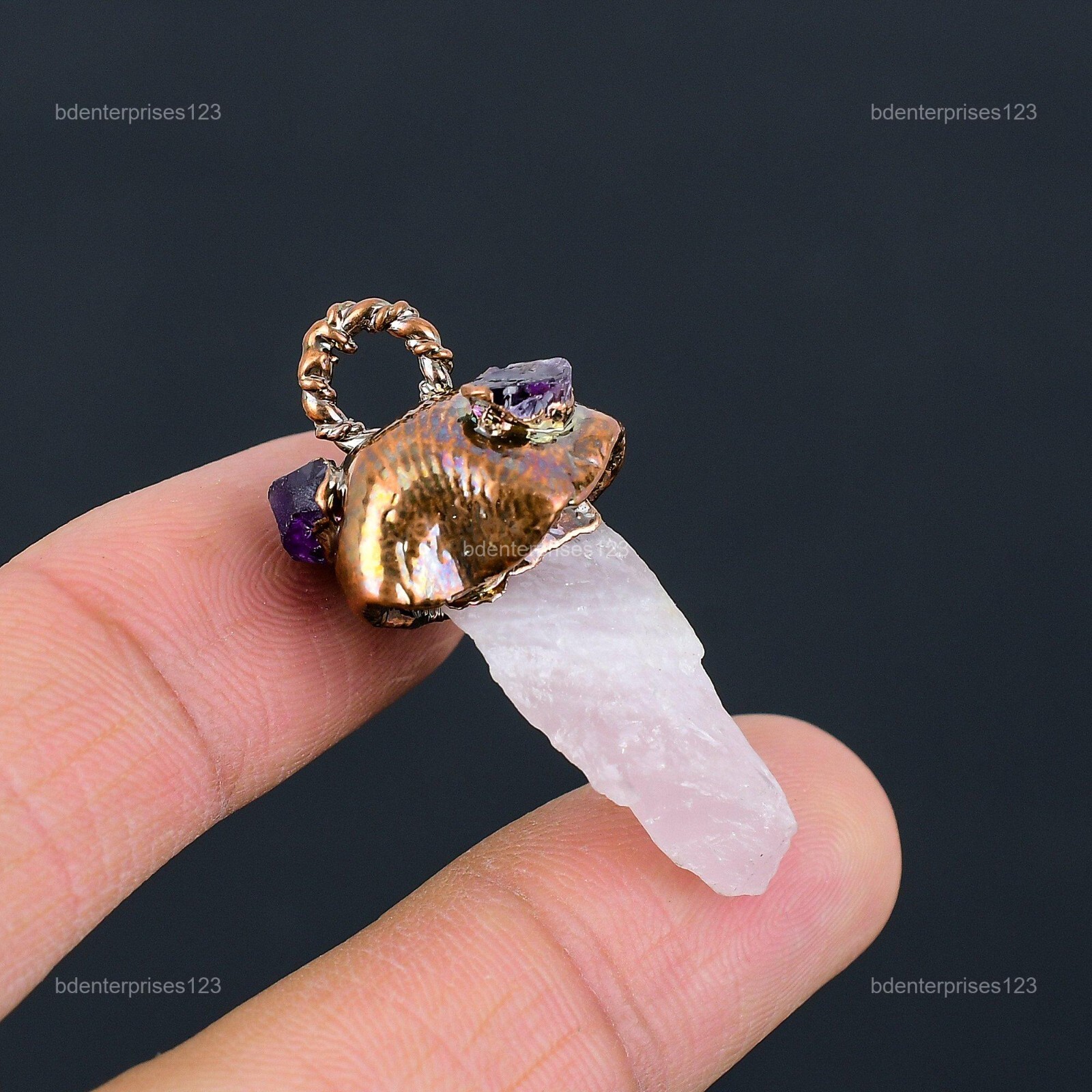 Pentagon Rose Quartz Rough Gemstone Sister Electroformed Pendant Jewelry Copper