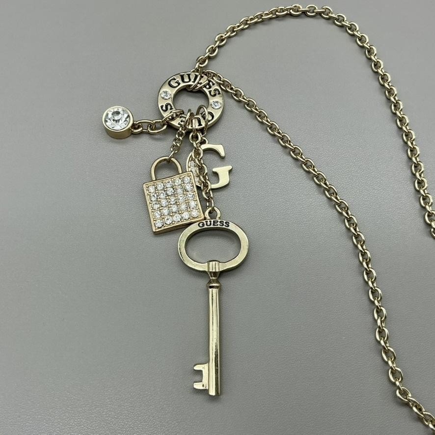 GUESS Necklace Gold Tone Key Lock Charm Crystal Pendant Womens Jewelry 24 Inch