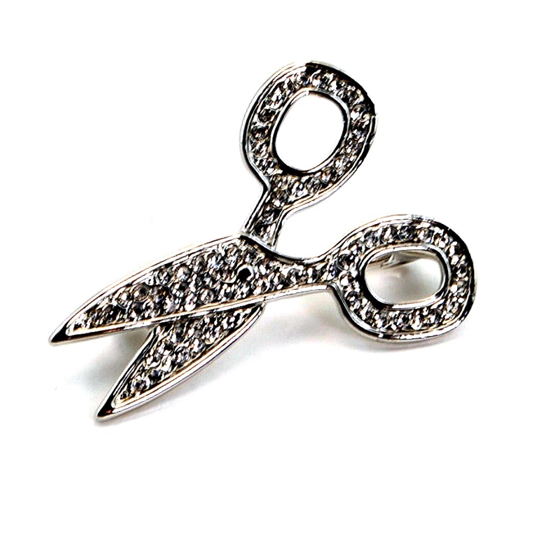 SCISSORS BROOCH Sparkling Silver Rhinestone Hair Salon Stylist Sewing Craft DIY