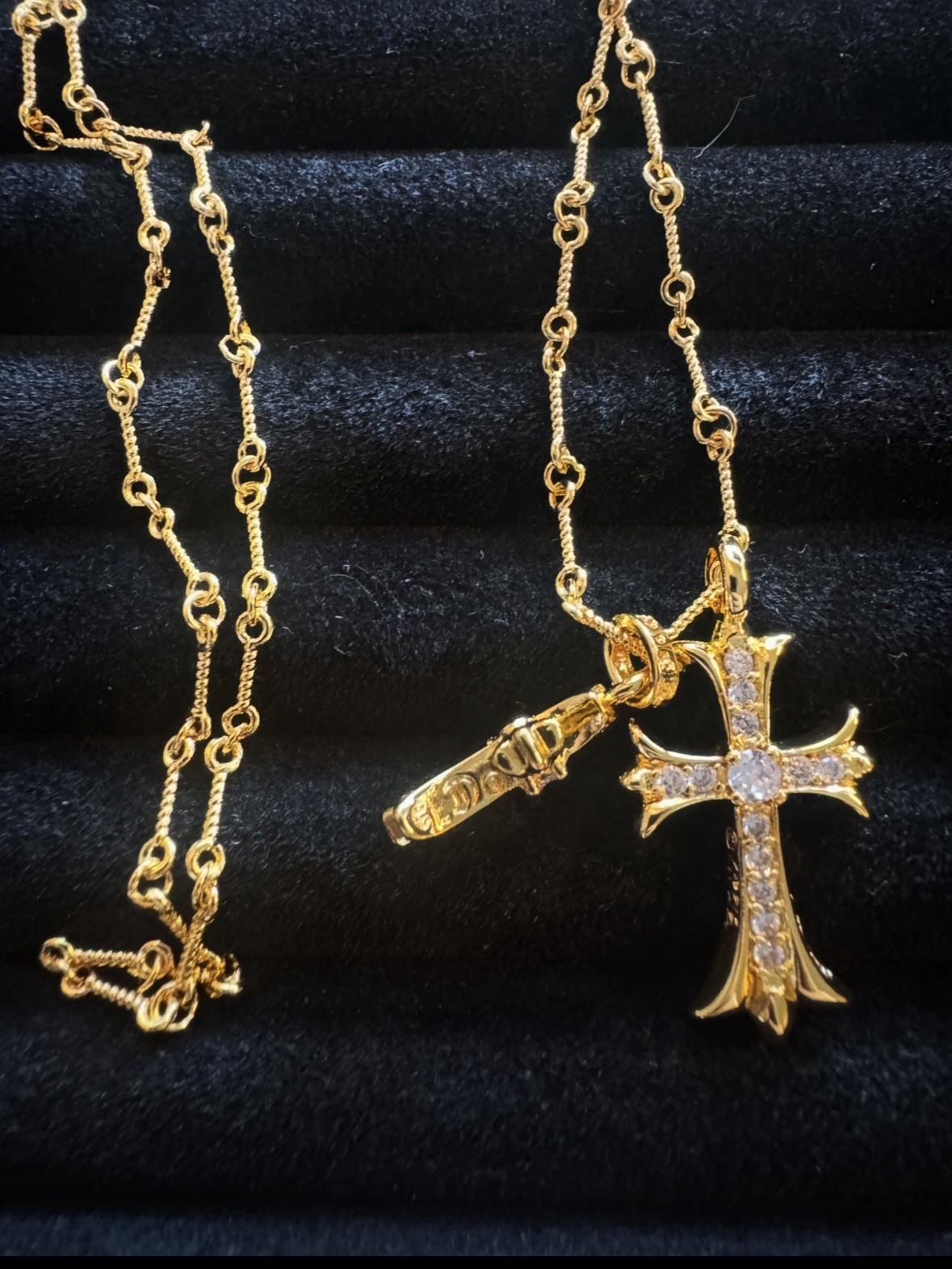 Gothic Cross Gold Plated White Gemstone Necklace 55cm Chain Length