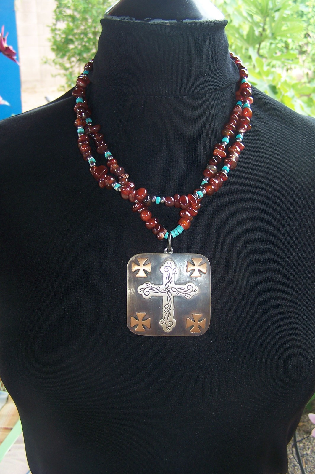 SISSIE AND ME Western Mixed Metal Engraved Cross Turquoise Amber beaded Necklace