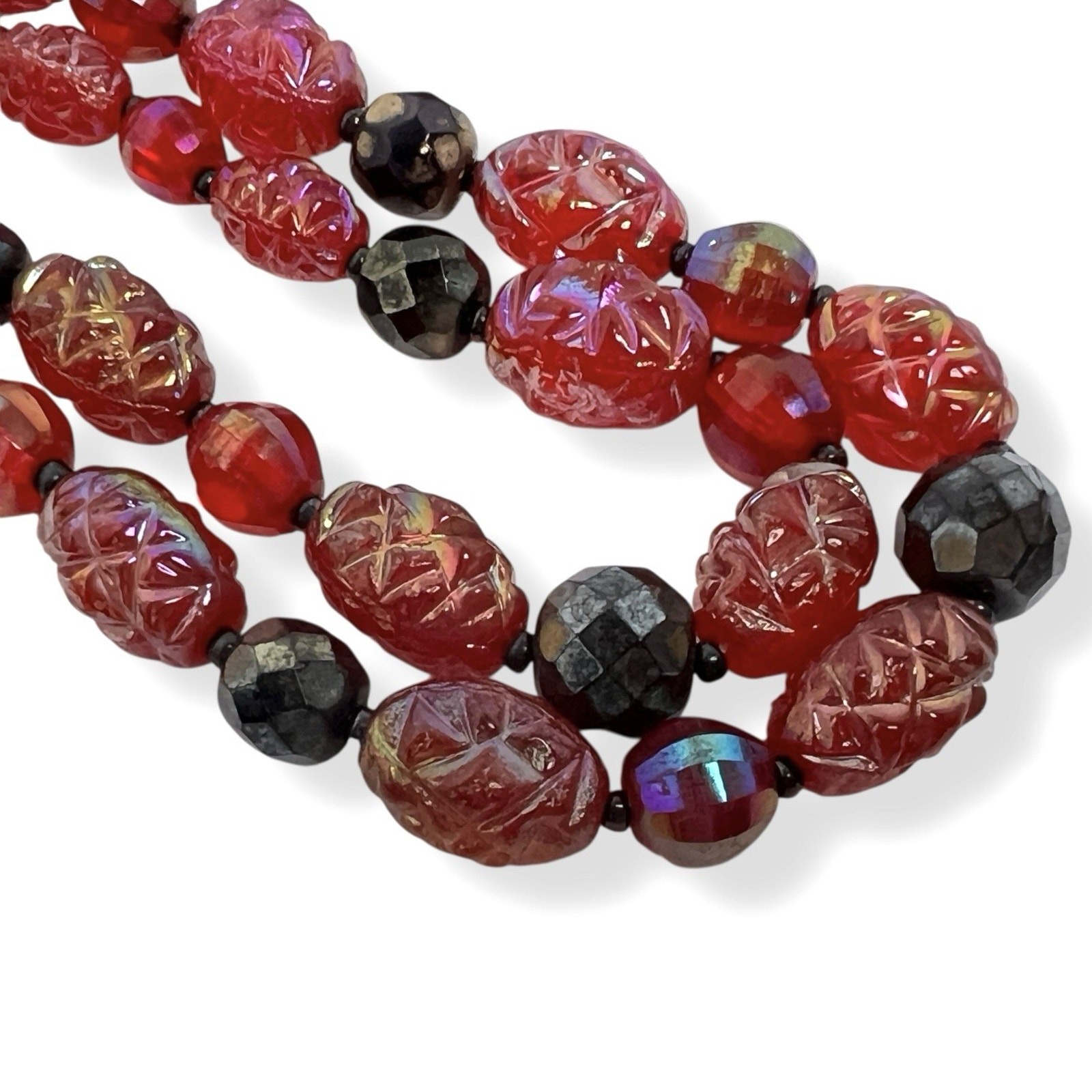 Aurora Borealis Beaded Necklaces Set Translucent Shades Red Shimmer AB Gold Tone