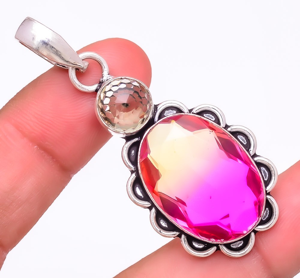 Bi-Color Tourmaline & Smokey Quartz Gemstone 925 Silver Plated Pendant 2.2″ LP-6