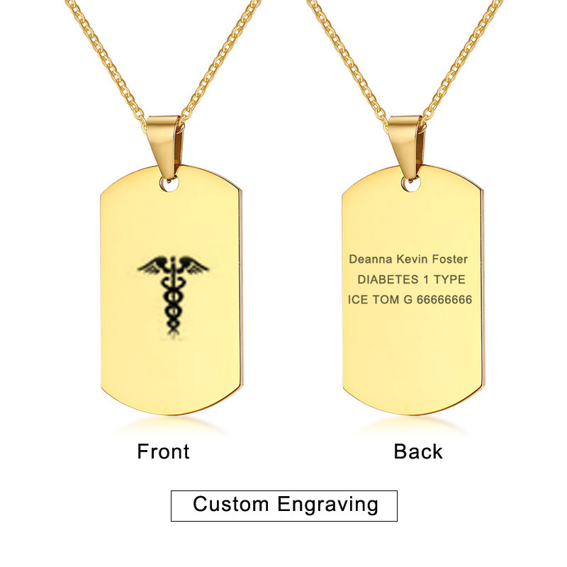 Gold Medical Alert ID Name Men Necklace Chain Pendant Dog Tag Emergency Jewelry