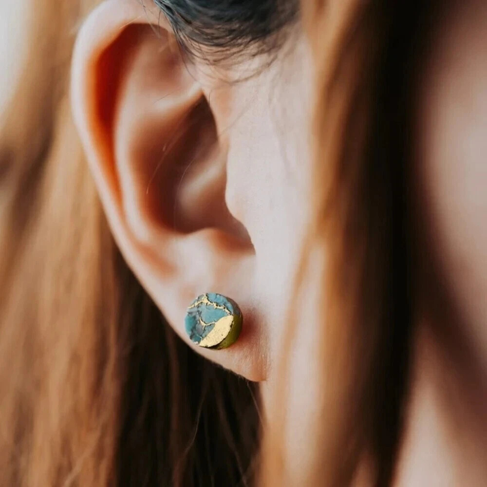 Handmade Natural Turquoise Stud Earrings Blue Gemstone Gold Plated Jewelry Gift