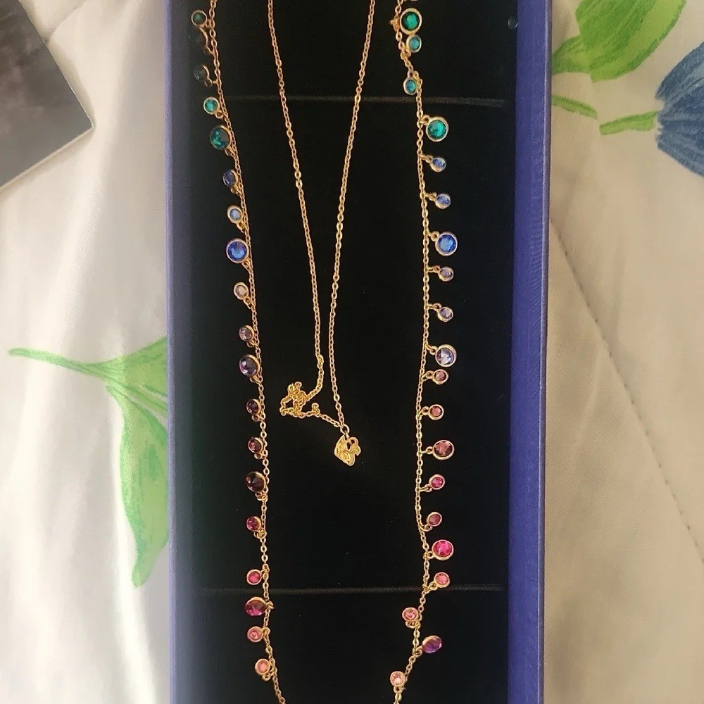 Gold Tone Multicolor Crystal Station Chain Necklace Round Prong Lobster 35in