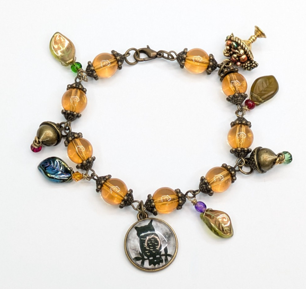 Autumn Fall Orange Bronze Owl Acorn Art Glass Leaf Charm Bracelet 8.25″