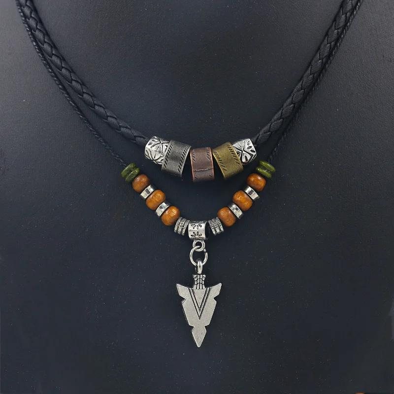 Layered Leather & Beaded Necklace – Vintage Tribal Arrow Pendant for Men