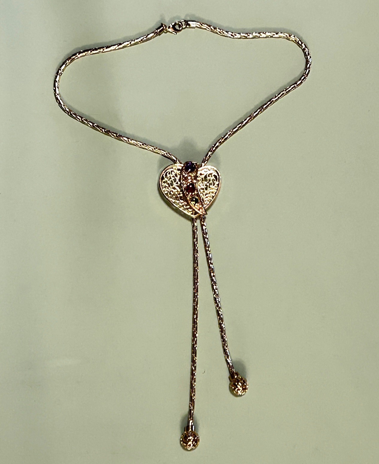 Gold Tone Lariat Chain Necklace – Heart Bolo Slide – Crystals Open Back Setting
