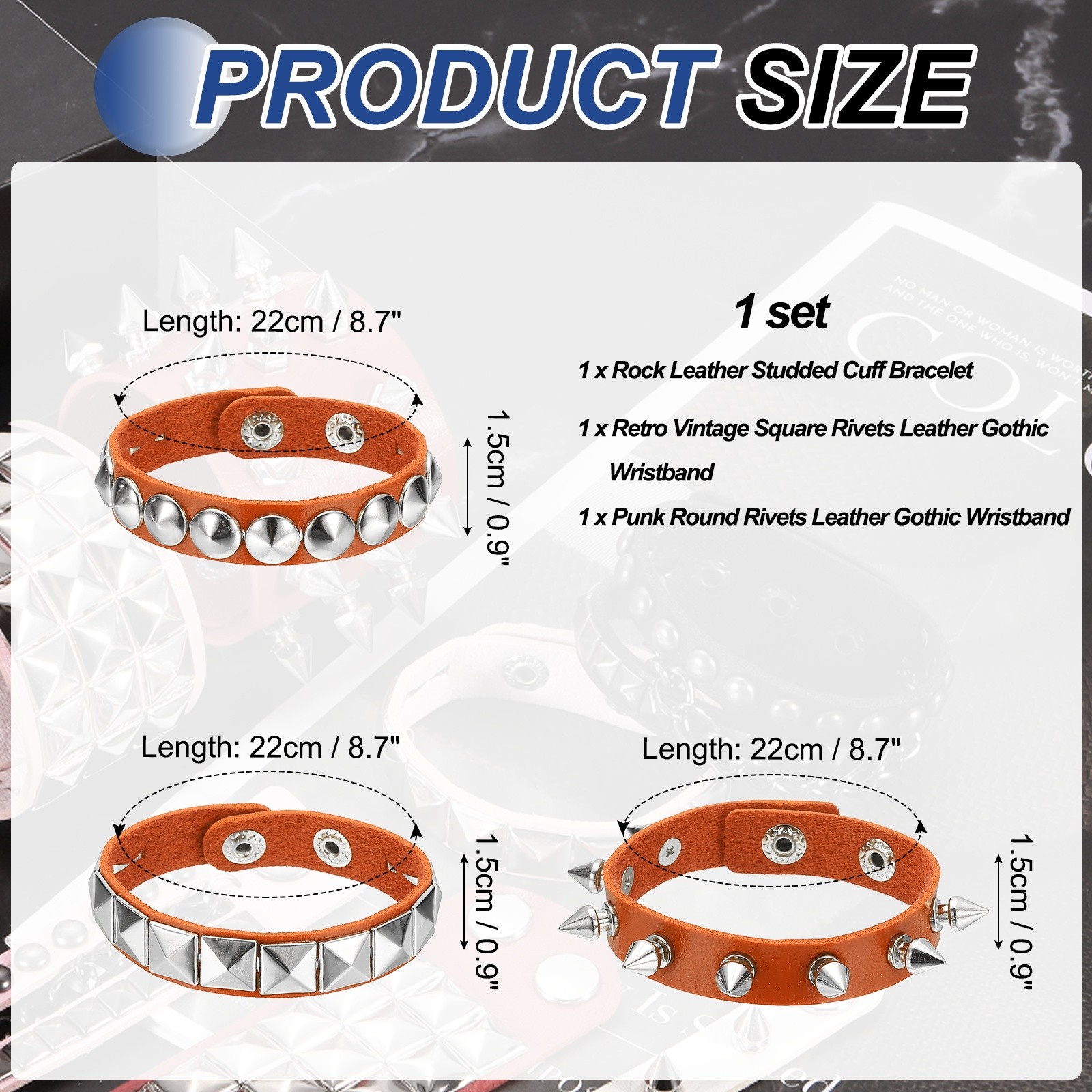 3Pcs Punk Studded Bracelet Set 8.7″/22cm Adjustable Bracelets Orange