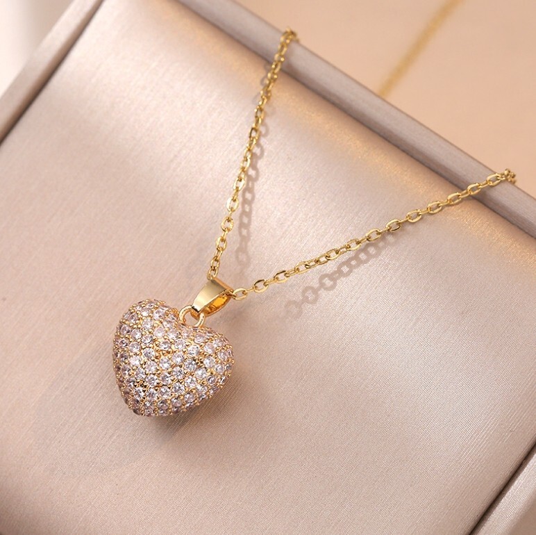 Gold Titanium Love Heart Ball Pave Cubic Zirconia Pendant Chain Necklace