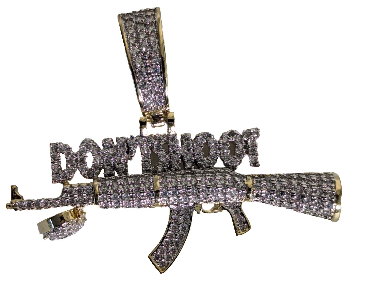 Necklaces Men Ice Out Bling Gun Don’t Shoot Gold Plated Pendant 12″Chain