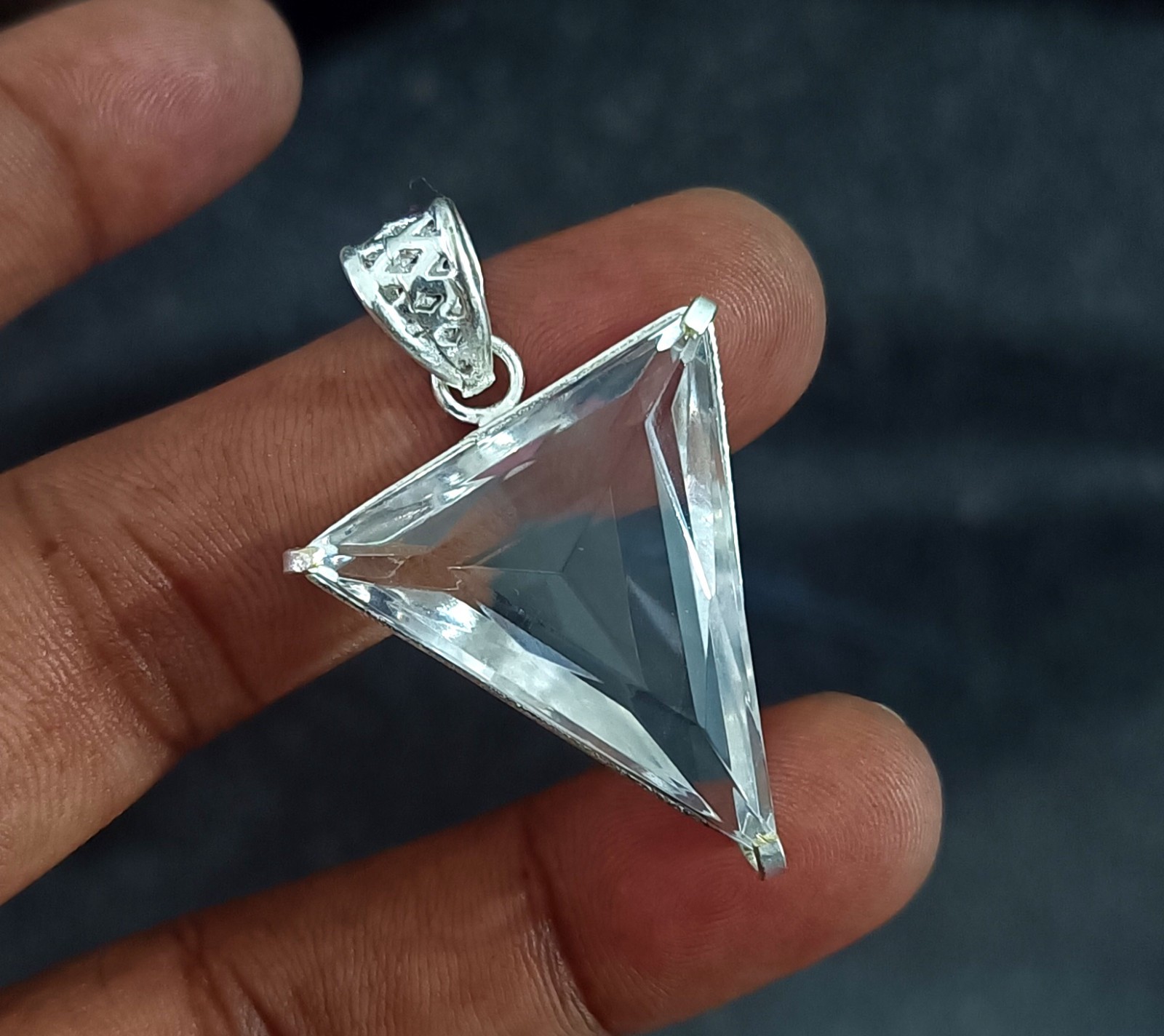 53 Ct Natural Crystal Quartz Pendant Sterling Silver, Triangle Gemstone Jewelry